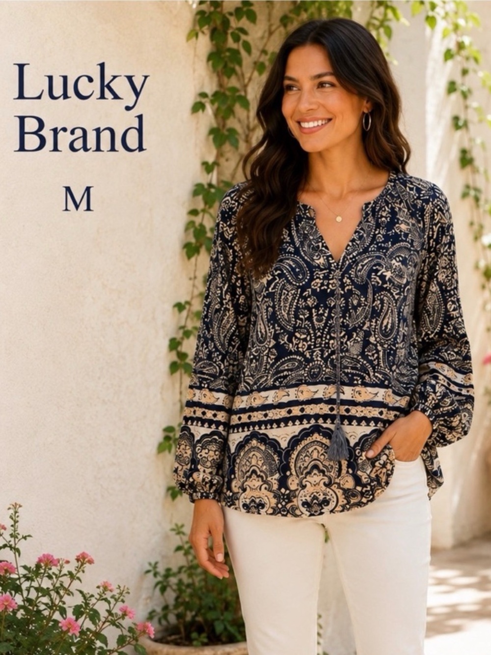 Lucky Brand Medium Navy Ivory Paisley Tassel Tie Boho Peasant Blouse